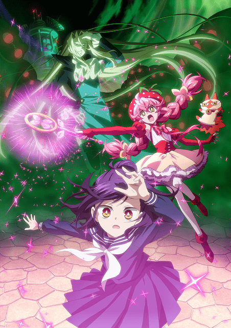 1boy 2girls acro_trip ascot berry_blossom blonde_hair boots bow bowtie braid building cat chizuko_date chroma_(acro_trip) darkness detached_sleeves frilled_skirt frills glowing green_background holding holding_staff long_hair magical_girl mashirou multiple_girls official_art pink_hair ponytail purple_eyes purple_hair red_eyes school_uniform serafuku skirt staff twin_braids very_long_hair yellow_eyes