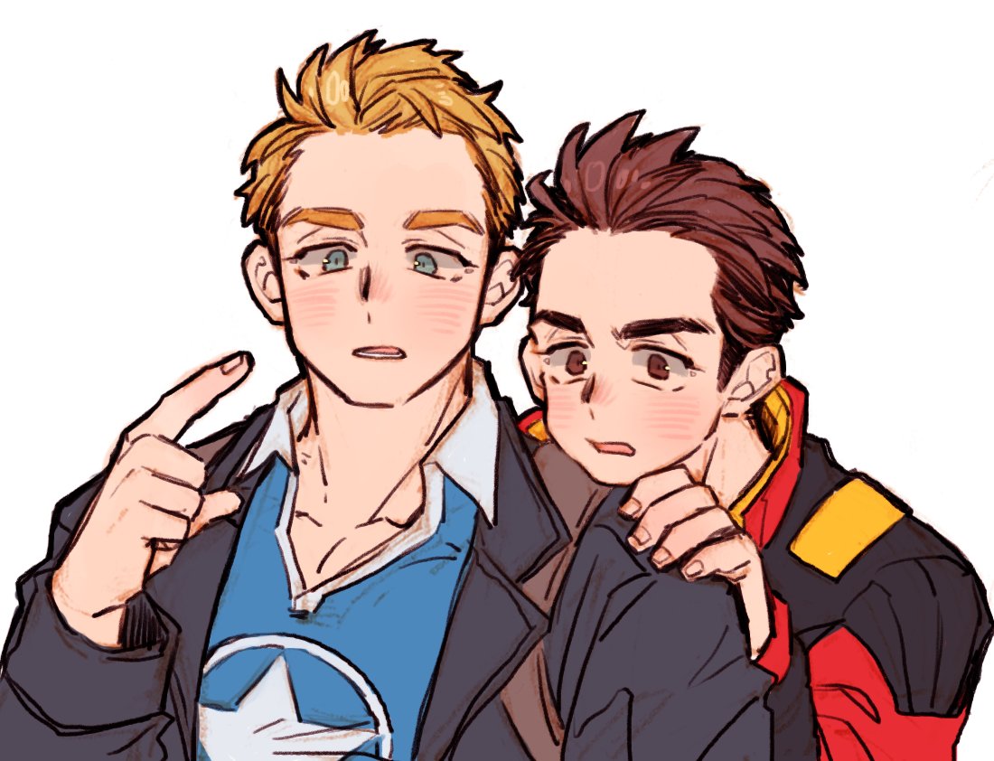 2boys animification avengers_(series) avengers_academy black_jacket blonde_hair blue_eyes blue_shirt blush brown_eyes brown_hair collarbone collared_shirt commentary_request dishing fingernails hand_on_another's_shoulder hand_up index_finger_raised jacket korean_commentary lapels long_sleeves looking_at_viewer male_focus marvel multicolored_clothes multicolored_jacket multiple_boys open_clothes open_jacket open_mouth red_jacket shirt short_hair simple_background standing star_(symbol) star_print steve_rogers teeth tony_stark two-sided_fabric two-sided_jacket two-tone_jacket upper_body white_background yellow_jacket