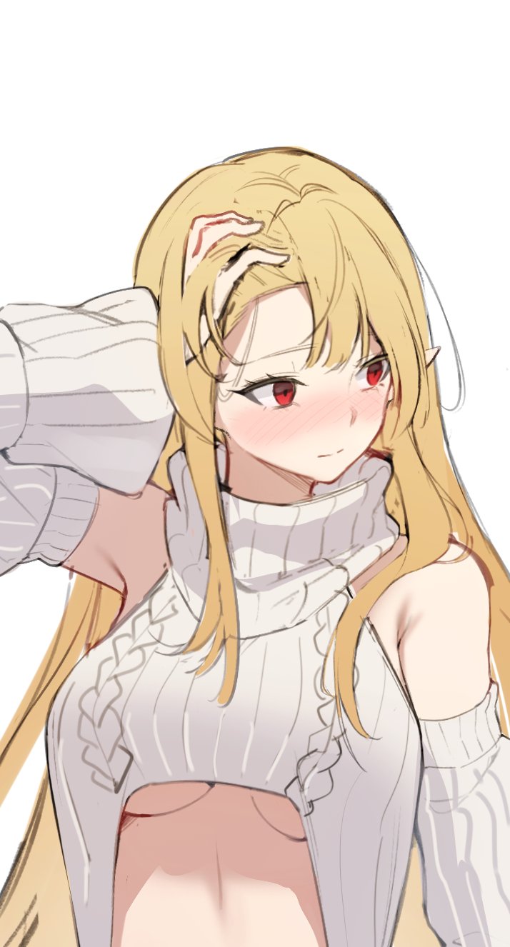 1girl arm_up armpit_crease armpits bare_shoulders battle_mage_(dungeon_and_fighter) blonde_hair blush breasts cable_knit chukibabo2 closed_mouth crop_top detached_sleeves dungeon_and_fighter highres long_hair long_sleeves looking_to_the_side mage_(dungeon_and_fighter) medium_breasts meme_attire nose_blush original pointy_ears red_eyes revealing_clothes ribbed_sleeves ribbed_sweater simple_background sleeveless sleeveless_turtleneck solo sweater turtleneck underboob unfinished upper_body virgin_destroyer_sweater white_background