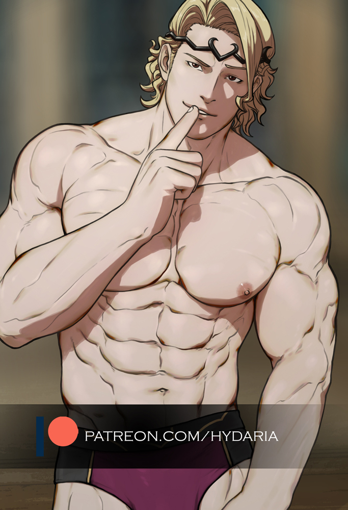1boy abs alternate_muscle_size bara black_male_underwear blonde_hair briefs bulge cowboy_shot finger_to_mouth fire_emblem fire_emblem_fates hand_up hydaria large_pectorals looking_at_viewer male_focus male_underwear mature_male multicolored_male_underwear muscular muscular_male navel nipples paid_reward_available pectorals purple_male_underwear seductive_smile short_hair shushing sideburns smile solo standing stomach tiara topless_male underwear watermark xander_(fire_emblem)