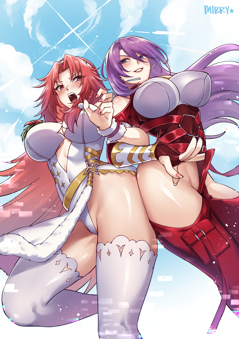 2girls alternate_breast_size amane_towa artist_name ass-to-ass blue_eyes braid breasts clothing_cutout covered_navel crossover dangle_earrings earrings english_commentary fingernails gloves highres impossible_clothes iris_midgar jewelry kage_no_jitsuryokusha_ni_naritakute! large_breasts leotard locked_arms long_hair looking_back mibry_(phrysm) mixed-language_commentary multiple_girls open_mouth outdoors parted_bangs pink_hair purple_hair red_eyes red_gloves shangri-la_frontier shoulder_cutout skin_tight smile sunlight teeth thighhighs thighs upper_teeth_only very_long_hair white_leotard white_thighhighs