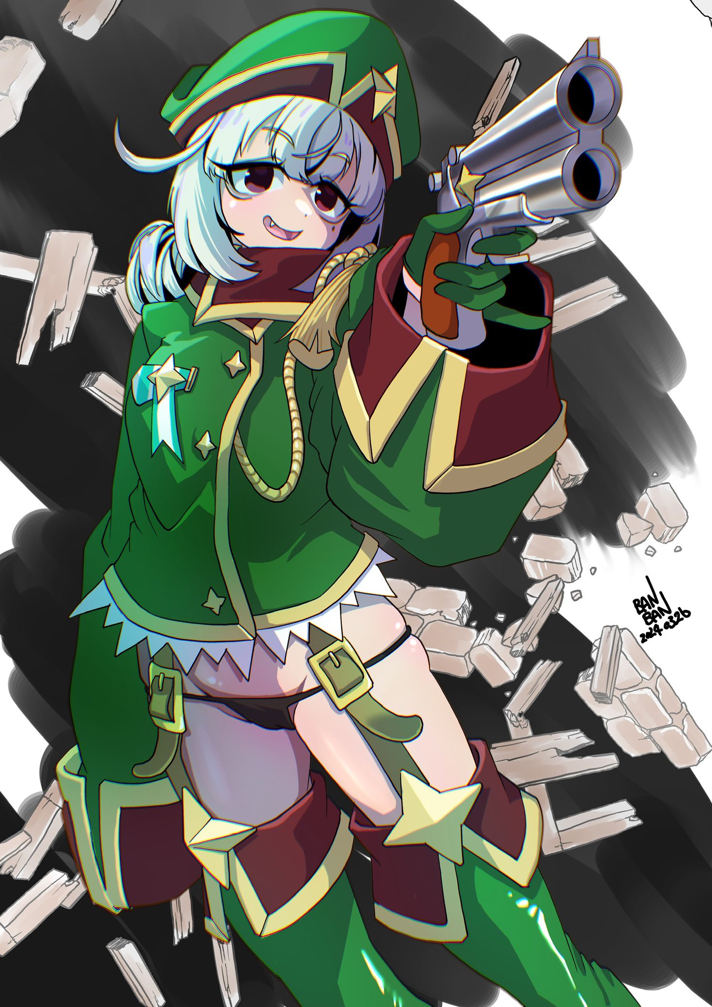 1girl araga_kiwi dated fang gloves grey_hair gun handgun hat highres holding holding_gun holding_weapon ikaika0326 leoparde_(mahou_shoujo_ni_akogarete) long_hair mahou_shoujo_ni_akogarete military_hat military_uniform mole mole_under_eye open_mouth pointing pointing_at_viewer purple_eyes simple_background smile solo uniform weapon