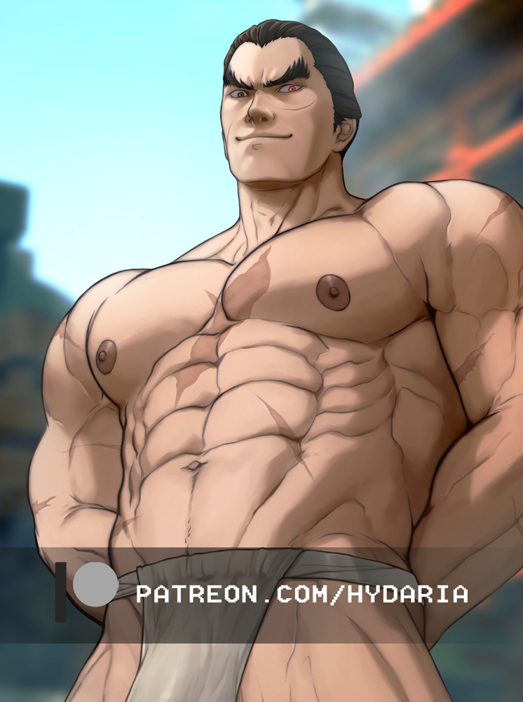 1boy abs arms_behind_back bara black_hair bulge buzz_cut cowboy_shot from_below hydaria large_pectorals looking_at_viewer male_focus mishima_kazuya muscular muscular_male navel nipples paid_reward_available pectorals red_eyes scar scar_on_chest short_hair shredded_muscles sideburns smile solo stomach tekken thick_eyebrows topless_male very_short_hair watermark