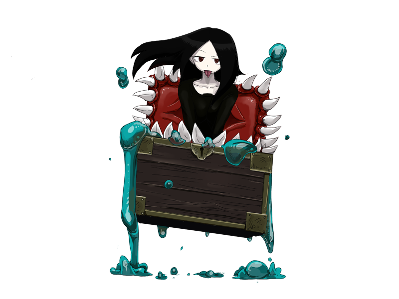 1girl black_hair black_shirt bmp-to-png_conversion collarbone extra_mouth floating_liquid game_cg in_container jumping keyhole long_hair long_sleeves looking_at_viewer mimic minelli_(mon-musu_quest!) mon-musu_quest! non-web_source raised_eyebrow red_eyes setouchi_(blackse) sharp_teeth shirt simple_background slime_(substance) solo teeth tongue tongue_out transparent_background treasure_chest