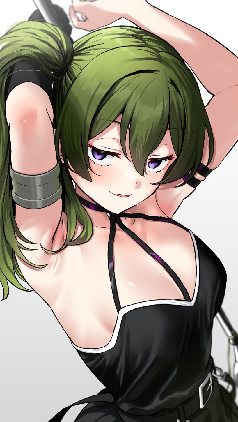 1girl armband armlet armpits arms_up belt black_belt black_dress black_gloves breasts dress gloves green_hair grey_background hair_between_eyes highres long_hair looking_at_viewer parted_lips purple_eyes side_ponytail single_glove sleeveless sleeveless_dress small_breasts solo sousou_no_frieren totoki86 ubel_(sousou_no_frieren) upper_body