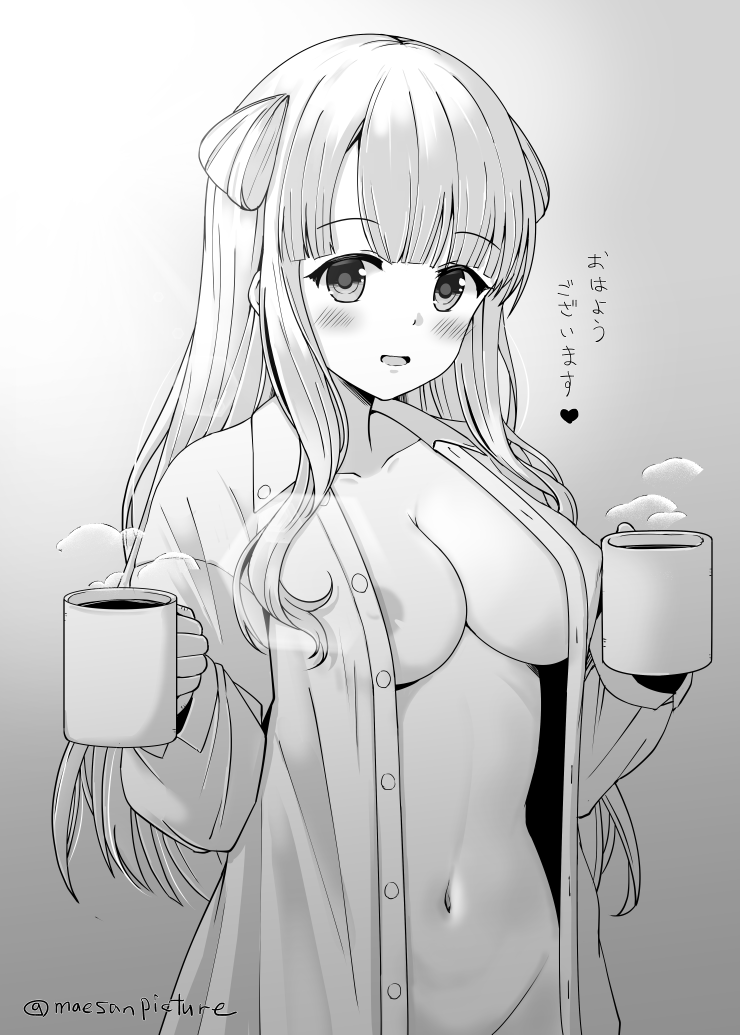 1girl areola_slip blunt_bangs breasts commentary_request cowboy_shot cup double_bun dress_shirt fletcher_(kancolle) folded_hair greyscale groin hair_bun kantai_collection large_breasts looking_at_viewer mae_(maesanpicture) monochrome mug naked_shirt navel no_panties open_clothes open_shirt shirt solo standing translation_request twitter_username
