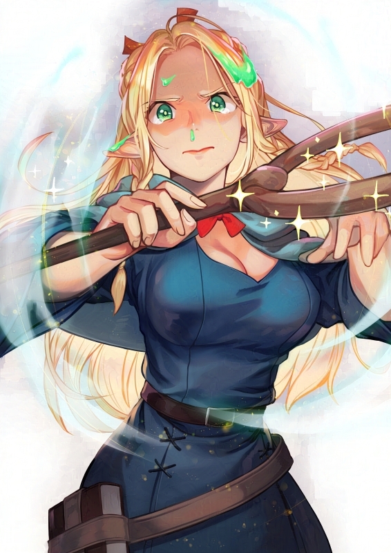 1girl blonde_hair blue_capelet blue_dress breasts capelet cleavage closed_mouth dress dungeon_meshi elf green_eyes hinoru_saikusa large_breasts looking_at_viewer mage_staff marcille_donato pointy_ears serious slime_(substance) solo upper_body