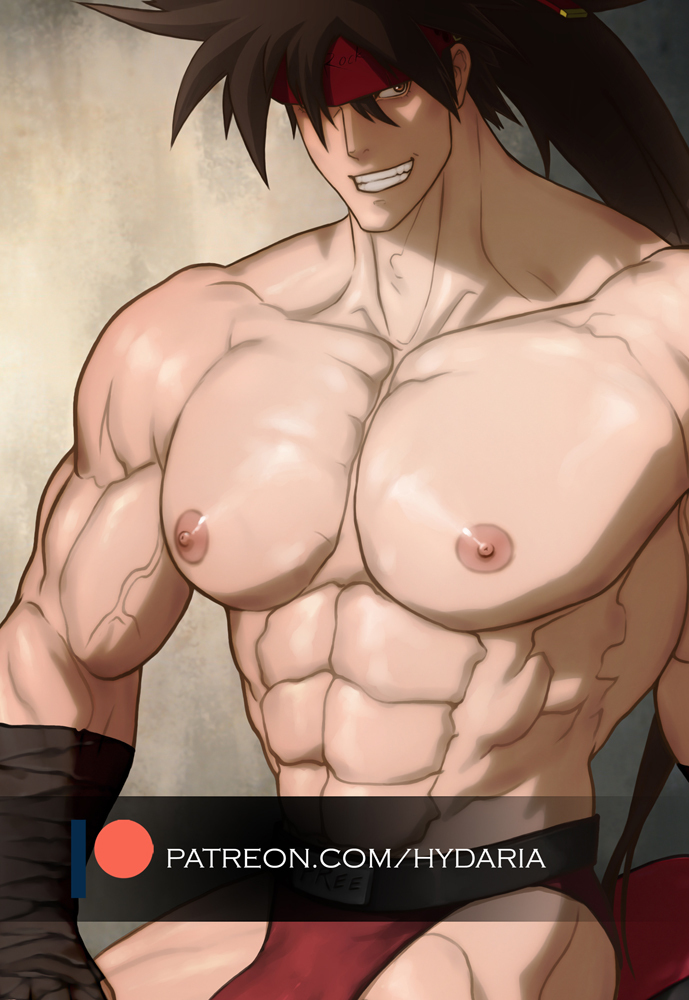 1boy abs bara briefs brown_hair bulge cowboy_shot grin guilty_gear hair_over_one_eye headband huge_pectorals hydaria long_hair looking_at_viewer looking_to_the_side male_focus male_underwear muscular muscular_male navel nipples paid_reward_available red_male_underwear smile sol_badguy solo spiked_hair stomach topless_male underwear watermark