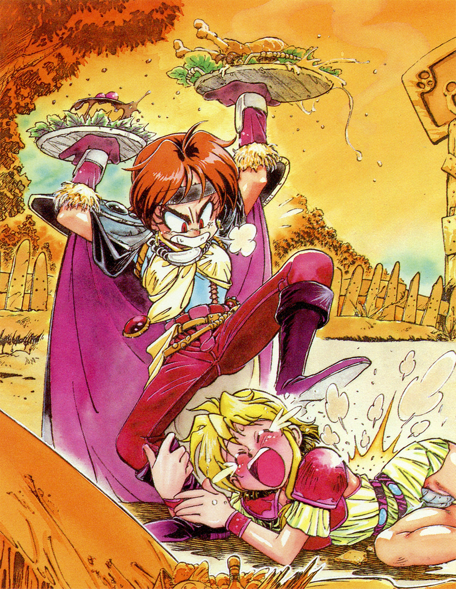 1990s_(style) 2girls angry araizumi_rui armor arms_up blonde_hair boots cape chicken_(food) closed_eyes day food gloves grin headband highres holding holding_another's_leg holding_tray lina_inverse long_hair lying multiple_girls non-web_source official_art on_ground open_mouth outdoors painting_(medium) pauldrons pudding red_eyes red_hair retro_artstyle scar shoulder_armor slayers smile stepped_on tears teeth traditional_media tray upper_teeth_only v-shaped_eyebrows watercolor_(medium) wristband