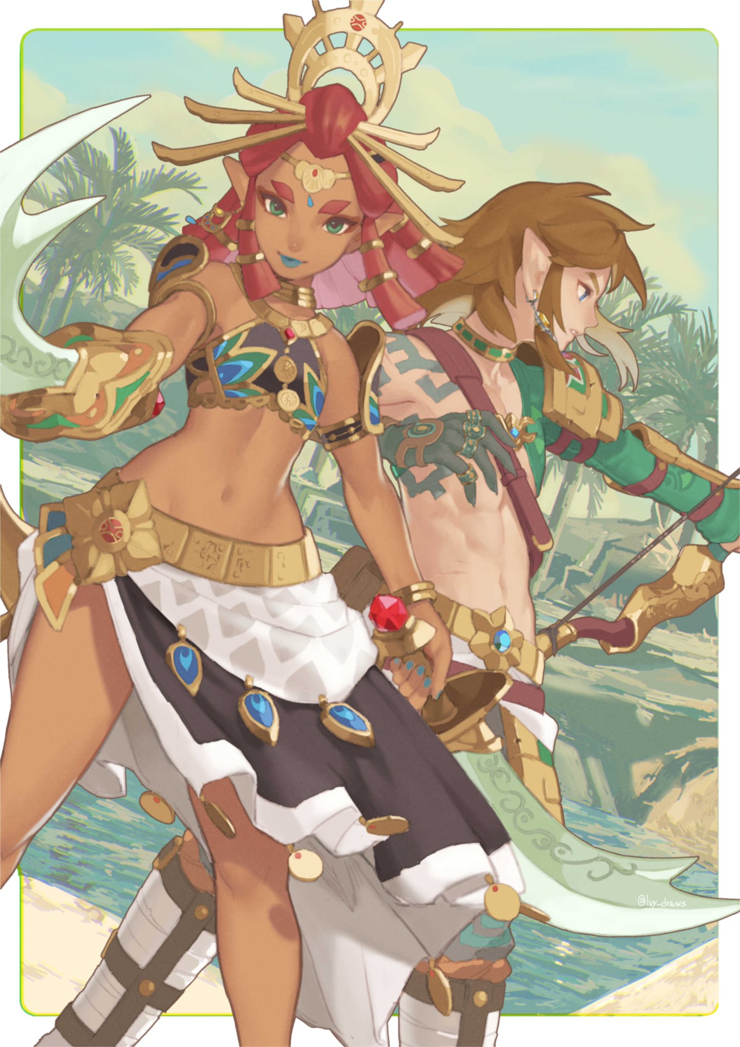 1boy 1girl arrow_(projectile) bare_shoulders blonde_hair blue_lips closed_mouth dark-skinned_female dark_skin earrings feet_out_of_frame gerudo green_eyes highres holding holding_arrow holding_sword holding_weapon ivy_(sena0119) jewelry link looking_at_viewer medium_hair navel pointy_ears red_hair riju stomach sword the_legend_of_zelda the_legend_of_zelda:_tears_of_the_kingdom weapon