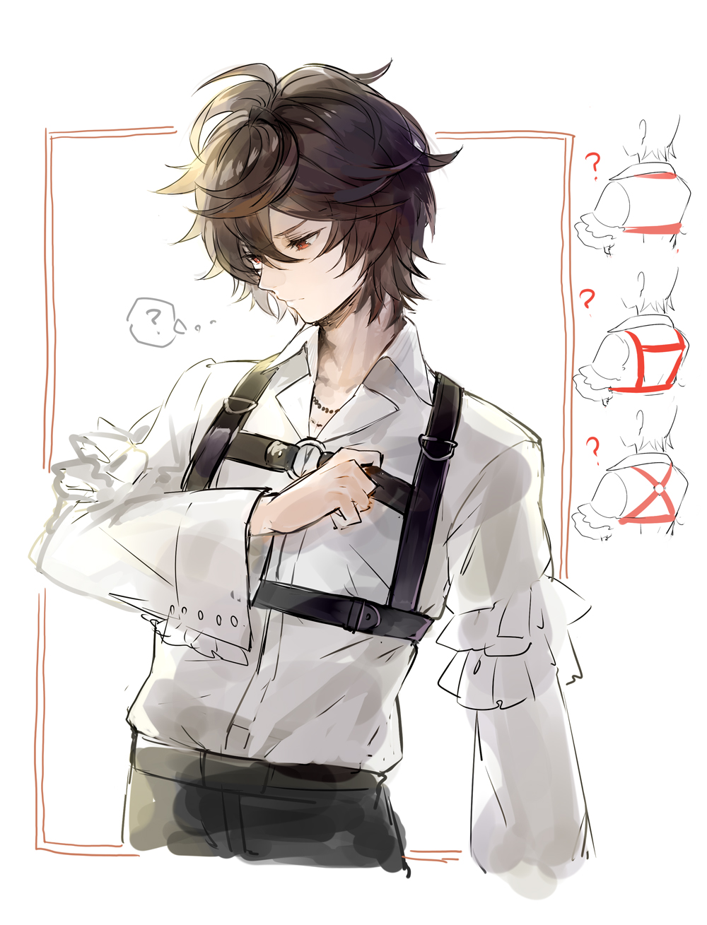 1boy ? ahoge arm_up bishounen brown_hair commentary commentary_request cowboy_shot dress_shirt frilled_shirt frilled_sleeves frills granblue_fantasy hair_between_eyes harness highres looking_down male_focus messy_hair o-ring o-ring_harness osamu_(jagabata) red_eyes sandalphon_(granblue_fantasy) shirt short_hair sketch solo_focus unfinished white_background