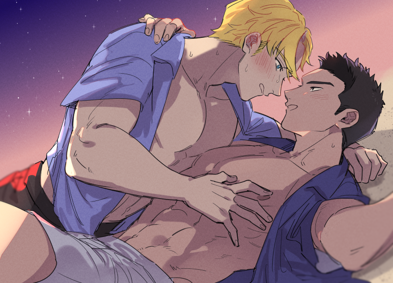 2boys ao_isami bare_pectorals black_hair blonde_hair blush couple cowboy_shot derivative_work eye_contact face-to-face facial_hair hand_on_another's_shoulder lewis_smith looking_at_another maji_(m) male_focus medium_sideburns multiple_boys pectoral_docking pectoral_press pectorals screencap_redraw shorts sideburns_stubble sky smile star_(sky) starry_sky stubble thick_eyebrows toned toned_male yaoi yuuki_bakuhatsu_bang_bravern