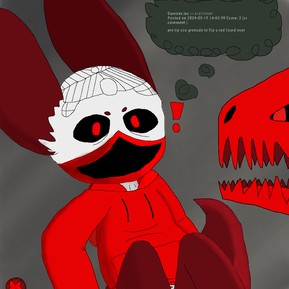 anthro clothing death3359 duo exclamation_point explosives face_mask grenade hoodie lizard_(rain_world) male male/male rain_world red_clothing red_ears red_eyes red_hoodie red_lizard_(rain_world) red_tail red_tongue red_topwear shaded sitting sitting_on_ground slugcat_(rain_world) small_eyebrows symbol_on_head tail thought_bubble tongue topwear unknown(death3359) videocult weapon