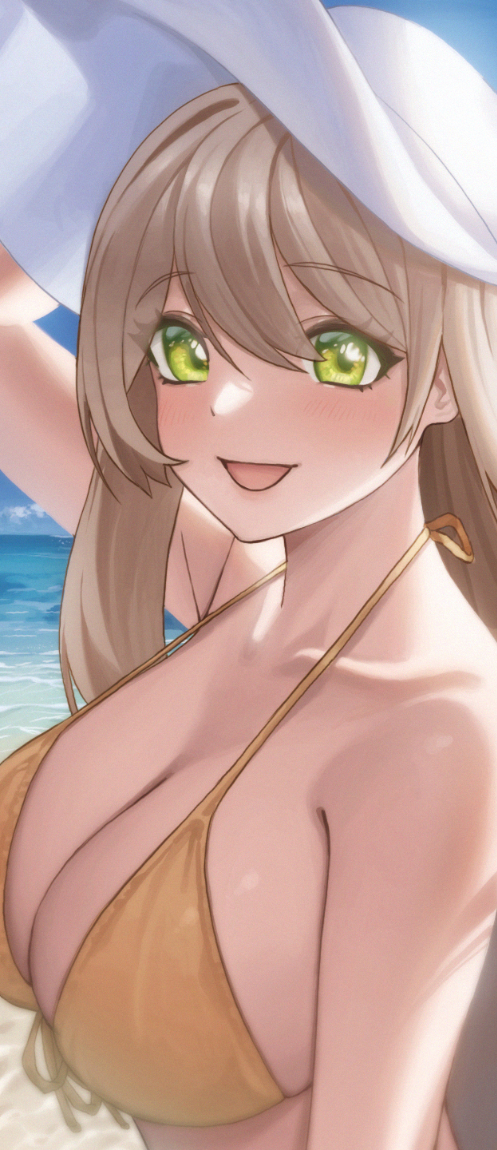 1girl :d acaa arm_up bare_shoulders beach bikini blue_archive blue_sky blush breasts collarbone green_eyes halo halterneck hat large_breasts light_brown_hair long_hair looking_at_viewer nonomi_(blue_archive) nonomi_(swimsuit)_(blue_archive) official_alternate_costume open_mouth outdoors sky smile solo sun_hat swimsuit upper_body water white_hat yellow_bikini