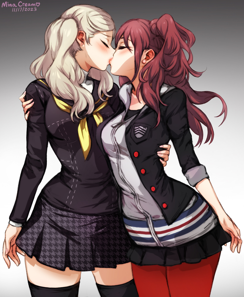 2girls blonde_hair blush breasts brown_hair closed_eyes cosplay costume_switch earrings jewelry kiss kujikawa_rise long_hair medium_breasts mina_cream multiple_girls pantyhose persona persona_4 persona_5 takamaki_anne thighhighs twintails yuri