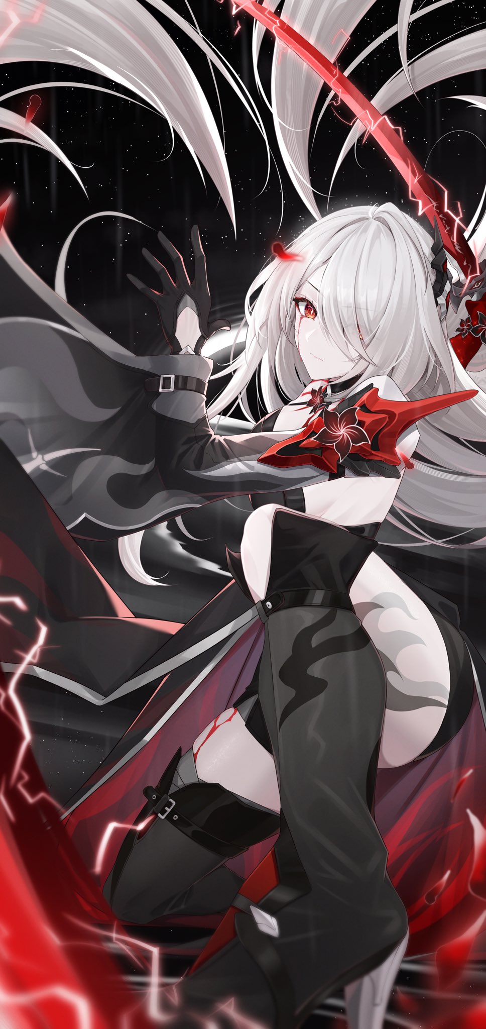 1girl acheron_(honkai:_star_rail) armor black_background black_coat black_gloves coat commentary_request gloves hair_over_one_eye highres holding holding_sword holding_weapon honkai:_star_rail honkai_(series) katana long_hair looking_at_viewer official_alternate_color red_eyes shoulder_armor solo suzu_(user_kdex8732) sword thighs very_long_hair weapon white_hair