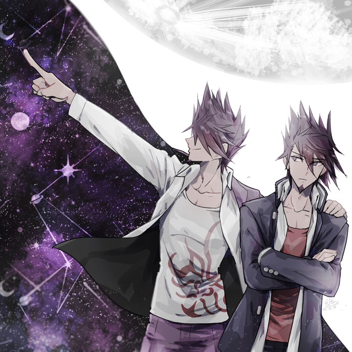 2boys asymmetrical_sleeves black_pants blending blue_jacket blue_sleeves buttons closed_mouth collarbone collared_jacket collared_shirt commentary_request constellation cowboy_shot crossed_arms danganronpa_(series) danganronpa_v3:_killing_harmony dated dual_persona facial_hair goatee hair_over_eyes hand_on_another's_shoulder high_collar jacket jacket_partially_removed layered_sleeves light_frown long_sleeves looking_at_another male_focus mismatched_sleeves momota_kaito multiple_boys pants pectoral_cleavage pectorals purple_eyes purple_hair purple_jacket purple_sleeves red_tank_top shirt short_hair signature simple_background smile space spiked_hair tank_top two-sided_fabric two-sided_jacket u_u_ki_u_u white_background white_shirt white_tank_top