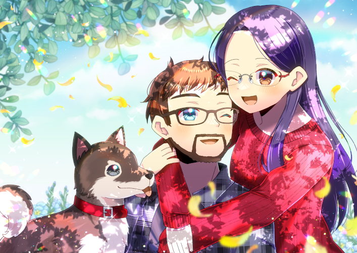 1boy 1girl ;d animal aran_sweater arms_around_neck beard blue_eyes blue_sky brown-framed_eyewear brown_eyes brown_hair cable_knit cloud collar collared_shirt commentary_request commission day dog facial_hair forehead glasses grey_eyes grey_shirt kou_hiyoyo long_hair long_sleeves mustache one_eye_closed original outdoors parted_bangs petals plaid plaid_shirt puffy_long_sleeves puffy_sleeves purple_hair red_collar red_sweater ribbed_sweater shirt skeb_commission sky sleeves_past_wrists smile sweater tongue tongue_out upper_body very_long_hair