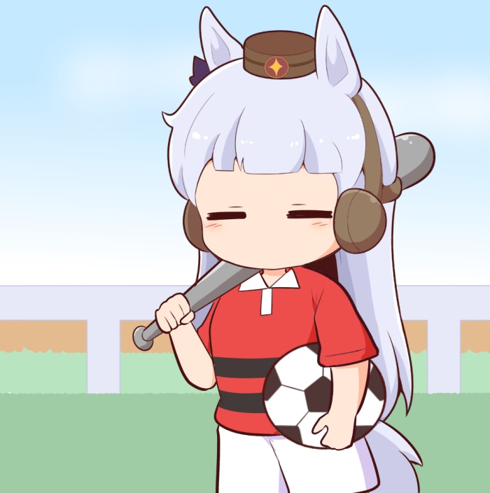 1girl =_= animal_ears ball baseball_bat blue_sky blush_stickers brown_hat carrying carrying_under_arm chibi closed_eyes cloud collared_shirt day ear_covers facing_viewer gold_ship_(umamusume) gomashio_(goma_feet) grey_hair hat holding holding_ball holding_baseball_bat horse_ears horse_girl horse_tail long_hair metal_baseball_bat mini_hat outdoors polo_shirt red_shirt shirt short_sleeves shorts sky soccer_ball solo tail umamusume very_long_hair white_shorts