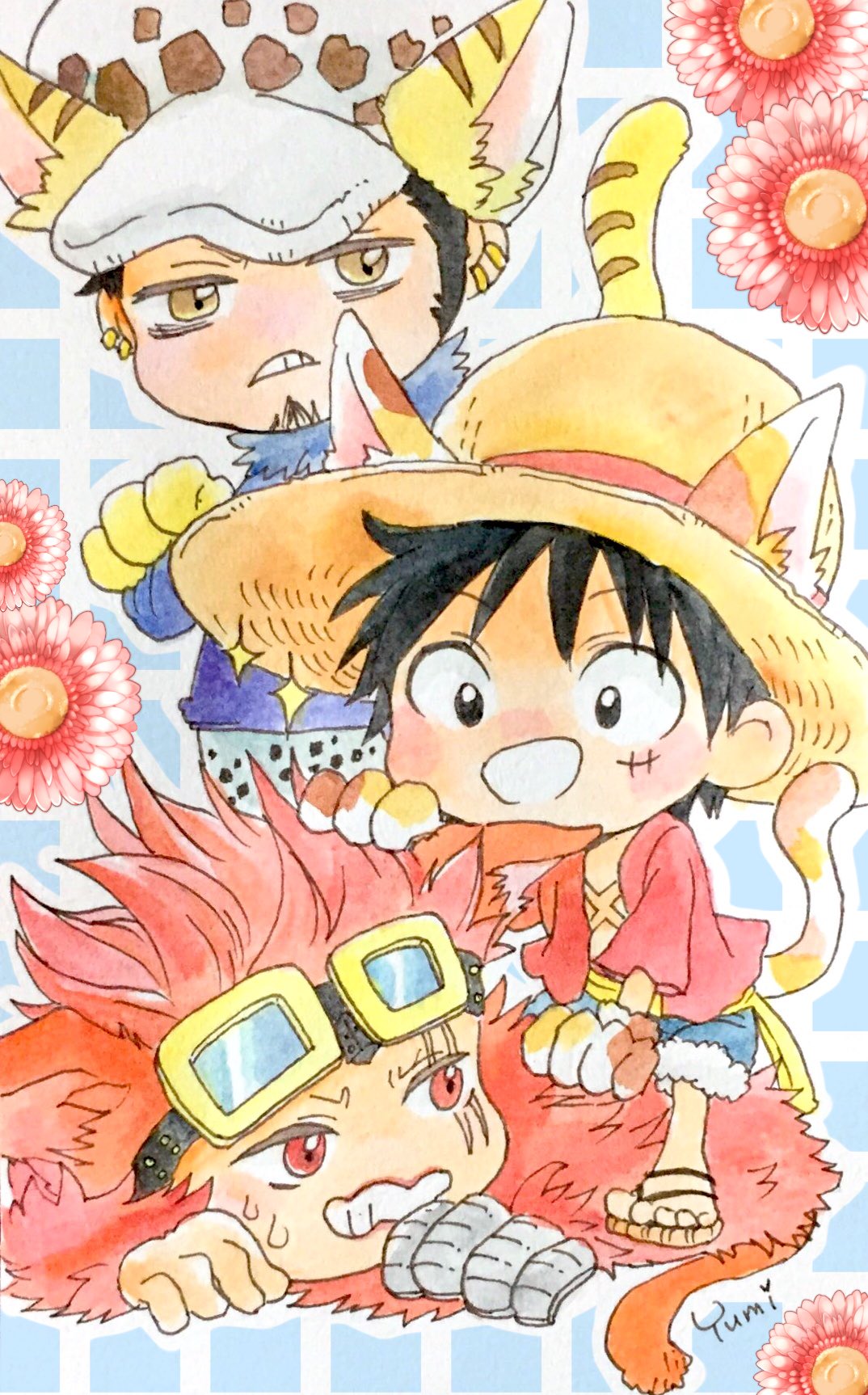 3boys animal_ears animalization artist_name black_hair blue_shorts cape cat_ears commentary_request dog_ears eustass_kid facial_hair flower frilled_sleeves frills fur_cape goatee goggles goggles_on_head hanakotoba28 hat highres monkey_d._luffy multiple_boys one_piece red_eyes red_hair red_shirt sandals scar scar_on_face shirt short_hair shorts sideburns smile straw_hat sweatdrop tiger_ears trafalgar_law