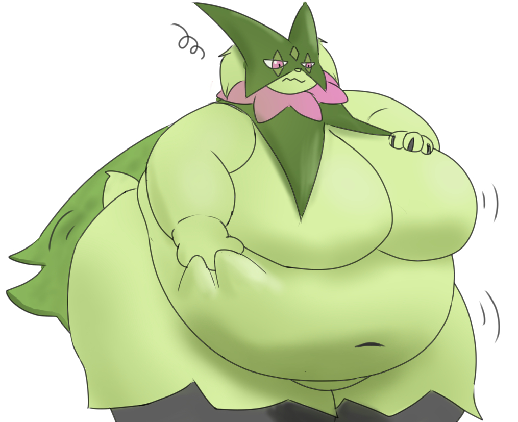 anthro belly belly_overhang big_belly breasts female generation_9_pokemon kazutti meowscarada navel nintendo obese obese_female overweight overweight_anthro overweight_female pokemon pokemon_(species) thick_thighs weight_gain