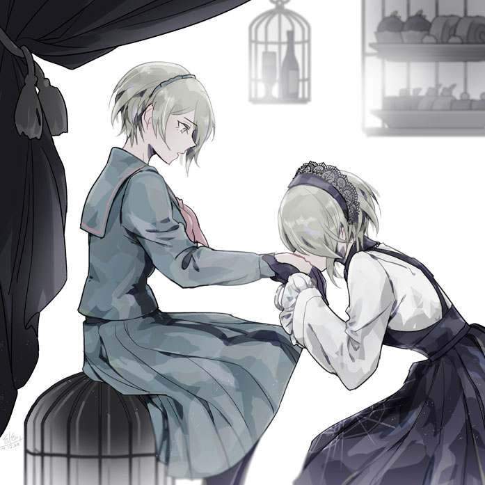 2girls alcohol birdcage black_collar black_dress black_gloves black_hairband black_pantyhose blonde_hair blue_sailor_collar blue_serafuku blue_shirt blue_skirt blue_sleeves bottle cage collar collared_shirt commentary_request cup cupcake curtains danganronpa_(series) danganronpa_v3:_killing_harmony dated dessert dress drinking_glass dual_persona feet_out_of_frame food frilled_sleeves frills from_behind gloves hair_over_one_eye hairband kiss kissing_hand lace-trimmed_collar lace-trimmed_hairband lace_trim leaning_forward long_dress long_sleeves looking_at_another medium_skirt multiple_girls neckerchief pantyhose parted_lips plate red_neckerchief sailor_collar school_uniform serafuku shirt short_hair signature simple_background sitting skirt sleeveless sleeveless_dress spider_web_print squatting tojo_kirumi u_u_ki_u_u white_background white_shirt white_sleeves wide_sleeves wine wine_bottle wine_glass yellow_eyes