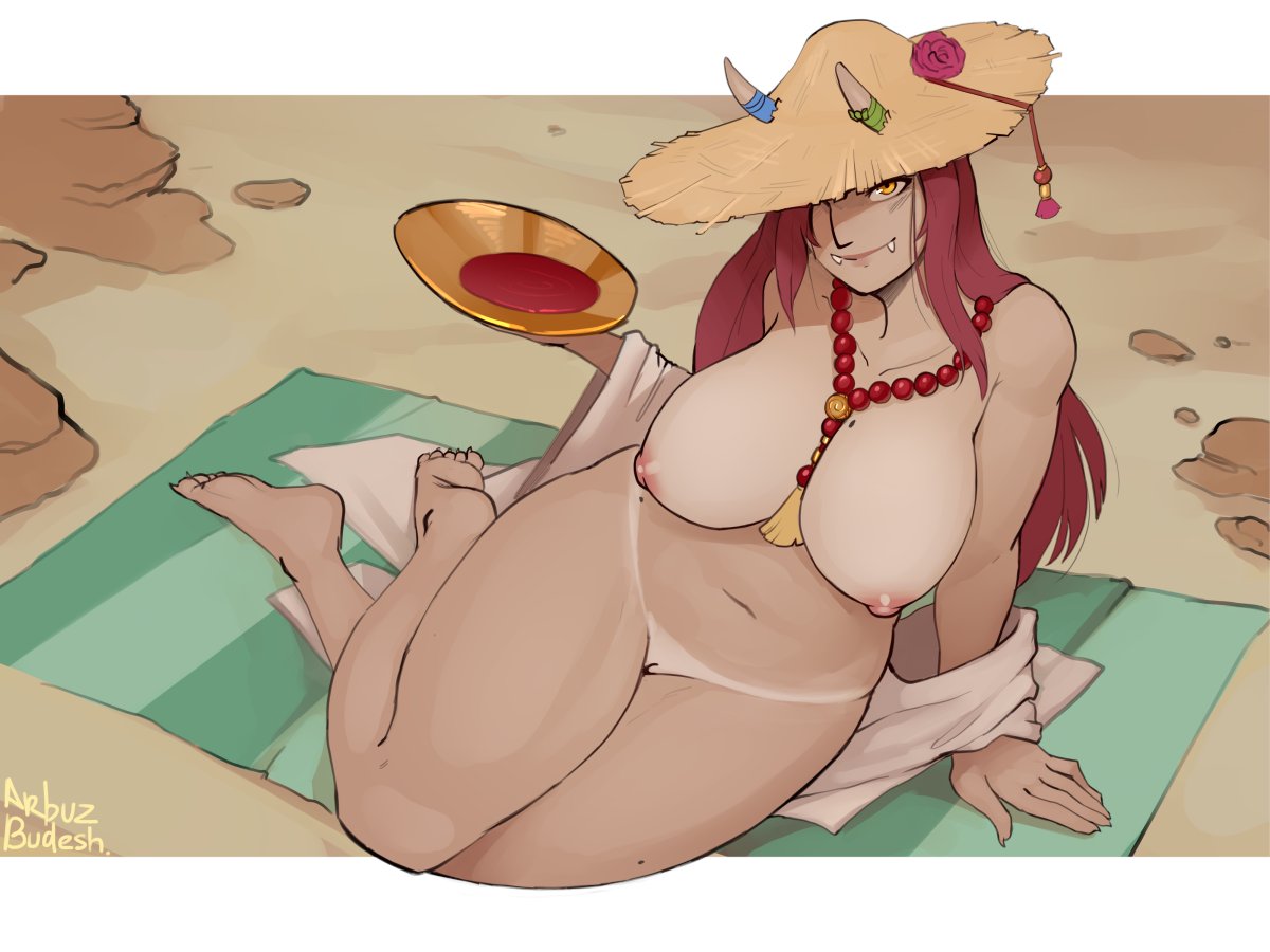1girl arbuz_budesh artist_name beach_towel bead_necklace beads bikini_tan breasts closed_mouth completely_nude demon_girl detached_sleeves feet flower hand_on_ground hat hat_flower horns huge_breasts jewelry leaning_to_the_side long_hair looking_at_viewer mole mole_on_breast navel necklace nipples nude oni orange_eyes original outdoors pussy red_hair sitting smile solo stomach straight_hair straw_hat tan tanlines thick_thighs thighs towel tusks wide_hips wide_sleeves