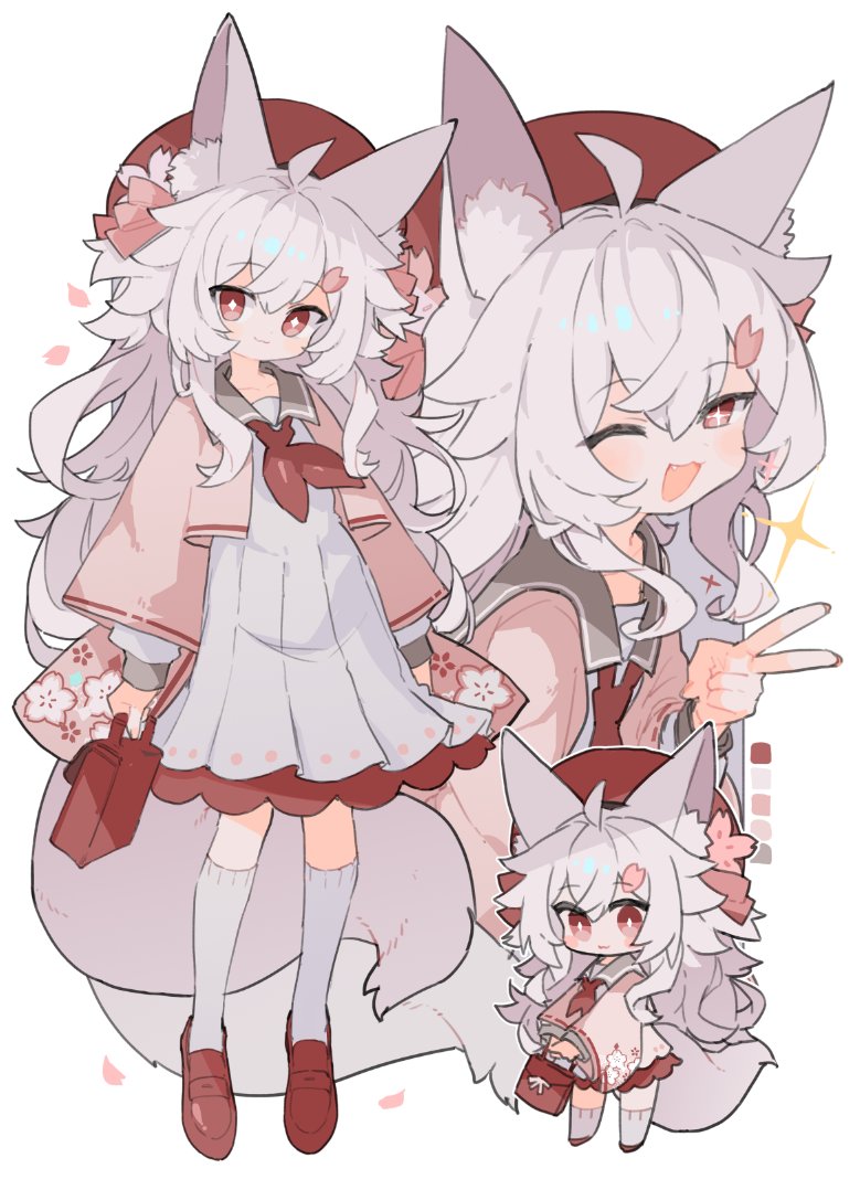 1girl :3 ;d ahoge animal_ear_fluff animal_ears bag beret bow bright_pupils chibi chibi_inset color_guide commission cropped_jacket cross-shaped_pupils diamond-shaped_pupils diamond_(shape) dress floral_print fox_ears fox_girl fox_tail full_body grey_background hair_bow hair_petal hand_up hat holding holding_bag jacket kasa_(hitori_sanka) kneehighs loafers long_hair looking_at_viewer multiple_views neckerchief one_eye_closed open_clothes open_jacket open_mouth original pink_jacket red_eyes red_footwear red_hat red_neckerchief shoes sidelocks simple_background skeb_commission smile socks sparkle standing symbol-shaped_pupils tail two-tone_background v wavy_hair white_background white_dress white_hair white_pupils white_socks wide_sleeves