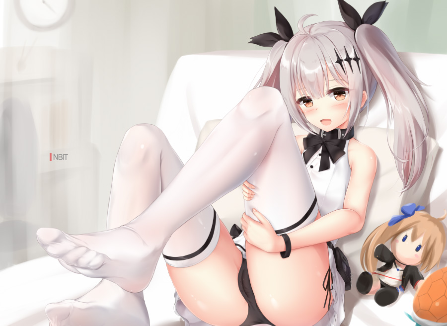 1girl ahoge black_panties breasts cameltoe collar fal_(girls'_frontline) five-seven_(adventures_of_fenfen)_(girls'_frontline) five-seven_(girls'_frontline) girls'_frontline grey_hair hair_ornament hair_ribbon hairclip long_hair looking_at_viewer napalmbit no_shoes orange_eyes paid_reward_available panties ribbon side-tie_panties sleeveless small_breasts solo thighhighs toes twintails underwear