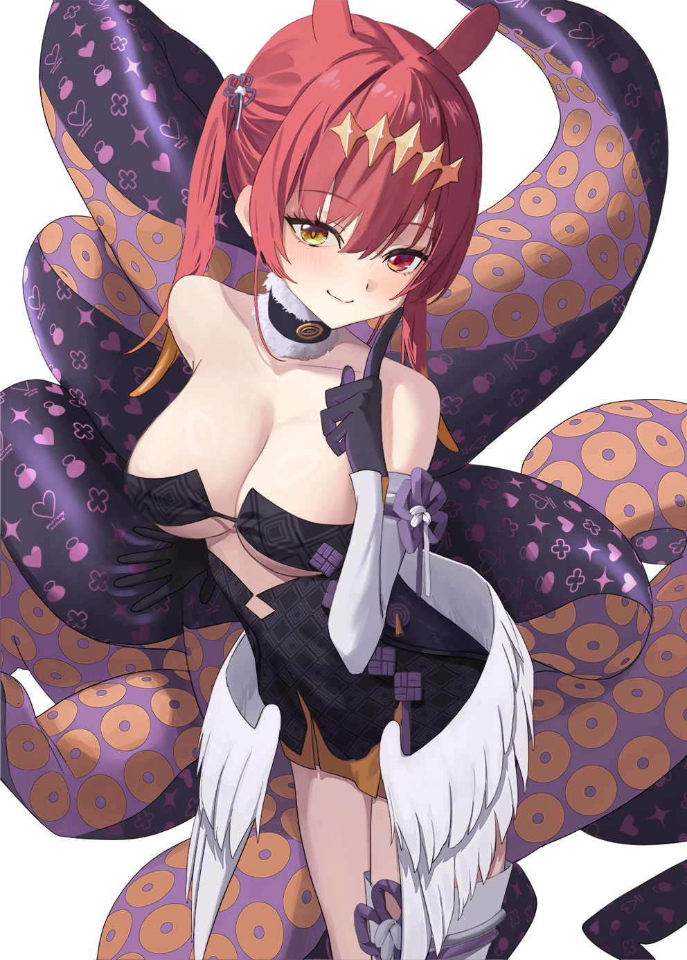1girl black_dress blush breasts cleavage collar cosplay detached_collar dress gloves heterochromia highres hololive hololive_english houshou_marine large_breasts long_hair looking_at_viewer low_wings ninomae_ina'nis ninomae_ina'nis_(1st_costume) ninomae_ina'nis_(cosplay) noviceeeeeeee purple_gloves red_eyes red_hair single_thighhigh smile solo strapless strapless_dress tentacles thighhighs tube_dress virtual_youtuber white_collar wings yellow_eyes