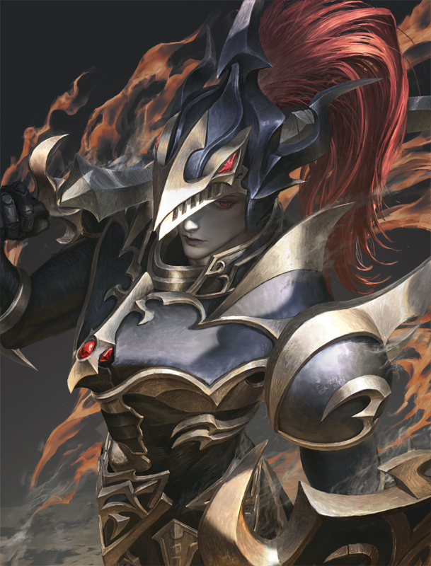 1boy armor black_luster_soldier closed_mouth colored_skin duel_monster full_armor grey_skin helmet holding holding_sword holding_weapon long_hair male_focus red_eyes solo suranaki sword weapon yu-gi-oh!