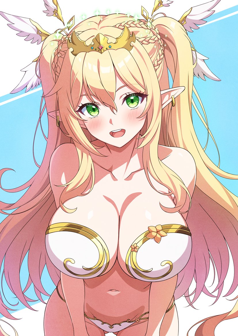 1girl ass_visible_through_thighs bare_arms bare_shoulders bikini blonde_hair braid breasts character_request circlet cleavage collarbone commission cowboy_shot earrings elf gold_trim green_eyes head_wings jewelry large_breasts leaning_forward long_hair looking_at_viewer navel open_mouth original pointy_ears rin_ateria sidelocks skeb_commission smile solo standing stomach strapless strapless_bikini string_bikini swimsuit two_side_up very_long_hair white_bikini wings