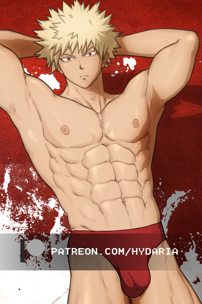 1boy abs arms_behind_head bakugou_katsuki bara blonde_hair boku_no_hero_academia briefs bulge covered_penis cowboy_shot expressions hydaria looking_at_viewer male_focus male_underwear muscular muscular_male navel nipples paid_reward_available pectorals red_male_underwear short_hair solo spiked_hair stomach topless_male underwear watermark