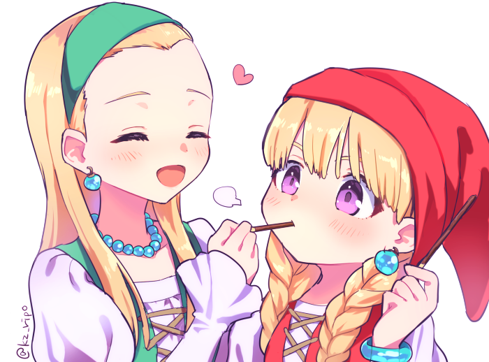 2girls :d blonde_hair blush braid closed_mouth collarbone dragon_quest dragon_quest_xi earrings eyes_closed food food_in_mouth green_hairband hairband hand_up hat heart holding holding_food jewelry juliet_sleeves kz_ripo long_hair long_sleeves low_twintails multiple_girls necklace open_mouth pearl_necklace pocky puffy_sleeves purple_eyes red_hat senya_(dq11) shirt simple_background sleeves_past_wrists smile twin_braids twintails twitter_username veronica_(dq11) white_background white_shirt