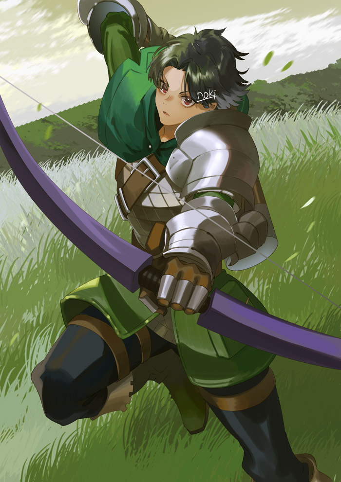 1boy armor boots bow_(weapon) cloak commentary_request green_cloak green_footwear green_hair holding holding_bow_(weapon) holding_weapon male_focus noki_(affabile) on_grass outdoors pauldrons red_eyes rolf_(unicorn_overlord) scale_armor shoulder_armor single_pauldron solo unicorn_overlord weapon