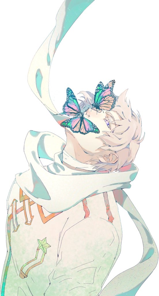 1boy animal_on_head axis_powers_hetalia badge bandaged_neck bandages bright_pupils bug butterfly butterfly_on_face butterfly_on_mouth chinese_commentary coat commentary_request expressionless fermium.ice grey_hair head_back looking_up male_focus on_head purple_eyes russia_(hetalia) scarf short_hair simple_background solo standing star_(symbol) upper_body white_background white_coat white_scarf