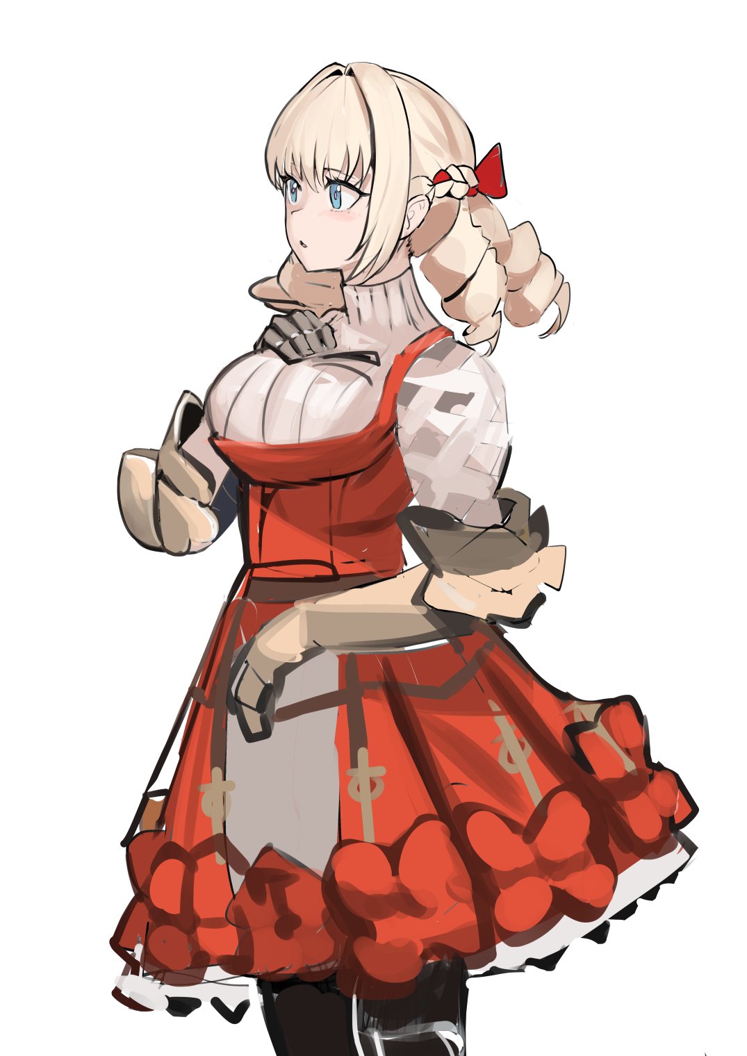 1girl :o blonde_hair blue_eyes braid breasts dress drill_hair french_braid gauntlets hair_intakes hair_ribbon hand_on_own_chest hand_up highres juliet_sleeves long_hair long_sleeves medium_breasts open_mouth pinafore_dress puffy_sleeves red_dress red_ribbon ribbed_sweater ribbon scarlett_(unicorn_overlord) simple_background sleeveless sleeveless_dress solo solokitsune sweater turtleneck turtleneck_sweater unicorn_overlord white_background white_sweater