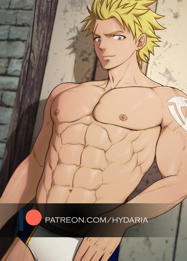 1boy abs bara blonde_hair blue_male_swimwear bulge cowboy_shot fairy_tail hydaria male_focus male_swimwear multicolored_male_swimwear muscular muscular_male navel nipples paid_reward_available pectorals scar scar_on_face scar_on_forehead short_hair smile solo sting_eucliffe stomach swim_briefs topless_male wavy_hair white_male_swimwear