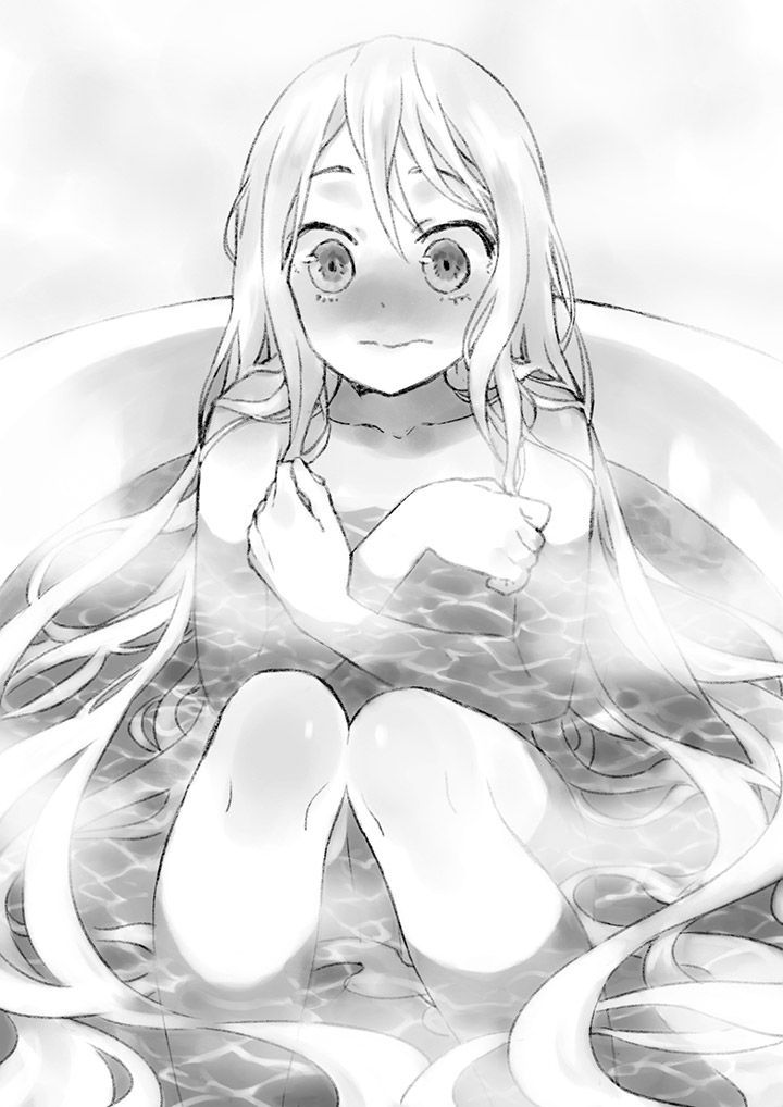 1girl bathing bathtub blush closed_mouth collarbone commentary_request completely_nude covering_breasts covering_privates embarrassed greyscale hair_between_eyes long_hair looking_at_viewer moekon monochrome nude original partially_submerged sitting solo steam very_long_hair water wavy_mouth