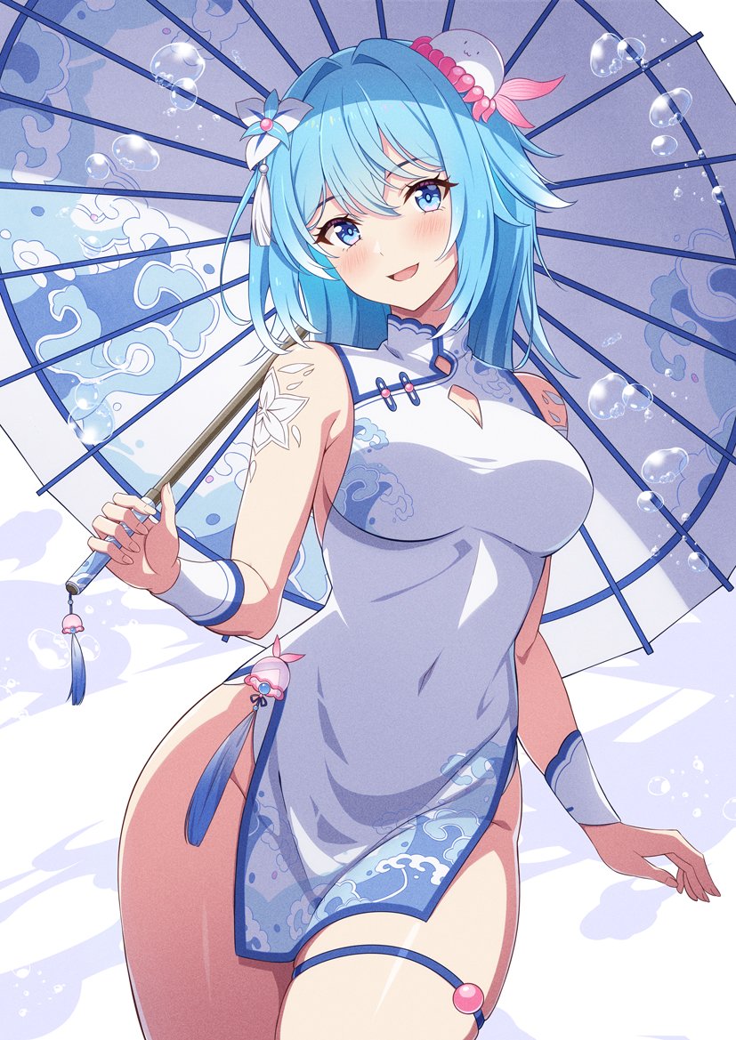 1girl bare_shoulders blue_eyes blue_hair breasts china_dress chinese_clothes cleavage_cutout clothing_cutout commission covered_navel cowboy_shot dress flower hair_flower hair_ornament haiyi head_tilt holding holding_umbrella jellyfish_hair_ornament long_hair looking_at_viewer medium_breasts no_panties oil-paper_umbrella open_mouth pelvic_curtain rin_ateria short_dress shoulder_tattoo skeb_commission skindentation sleeveless sleeveless_dress smile solo standing synthesizer_v tattoo thigh_strap thighs umbrella white_dress wristband