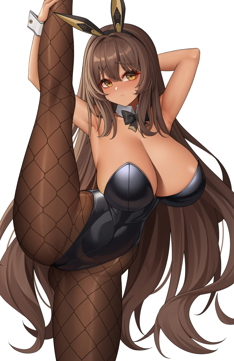 1girl animal_ears armpits arms_up bare_arms bare_shoulders black_bow black_bowtie black_leotard bow bowtie breasts brown_hair brown_pantyhose cleavage closed_mouth detached_collar fake_animal_ears goddess_of_victory:_nikke large_breasts leotard long_hair noir_(nikke) pantyhose playboy_bunny rabbit_ears simple_background solo split standing standing_on_one_leg standing_split thighs wei_xiao white_background wrist_cuffs yellow_eyes