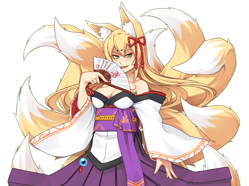 1girl aged_up animal_ear_fluff animal_ears bare_shoulders blonde_hair bmp-to-png_conversion breasts chest_tattoo cleavage cowboy_shot eyeshadow fang folding_fan fox_ears fox_girl fox_tail game_cg green_eyes hair_between_eyes hakama hakama_skirt half-closed_eyes hand_fan hand_on_own_hip holding holding_fan japanese_clothes jingai_modoki kimono kitsune large_breasts light_blush long_hair looking_at_viewer makeup mon-musu_quest! monster_girl multiple_tails neck_tattoo non-web_source obi open_mouth print_folding_fan purple_hakama purple_sash red_eyeshadow sash simple_background skirt slit_pupils solo tail tamamo_(mon-musu_quest!) tattoo teeth transparent_background upper_teeth_only very_long_hair white_kimono wide_sleeves