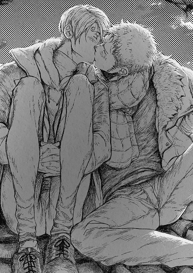 2boys blush curly_eyebrows deadjuice greyscale hair_over_one_eye hugging_own_legs kiss long_sideburns m_legs male_focus monochrome multiple_boys night night_sky on_rooftop one_piece pants roronoa_zoro sanji_(one_piece) shoes short_hair sideburns sitting sky yaoi
