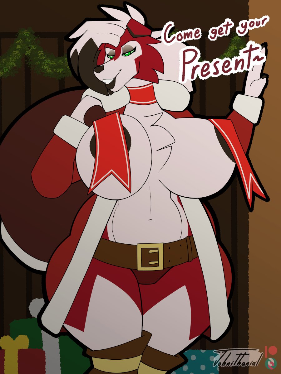 anthro big_breasts breasts christmas clothing colored costume female fur generation_7_pokemon green_eyes hi_res holidays huge_breasts johnithanial lycanroc nintendo nipples pokemon pokemon_(species) red_body red_fur santa_costume solo tagme thick_thighs wuffmom_(johnithanial)