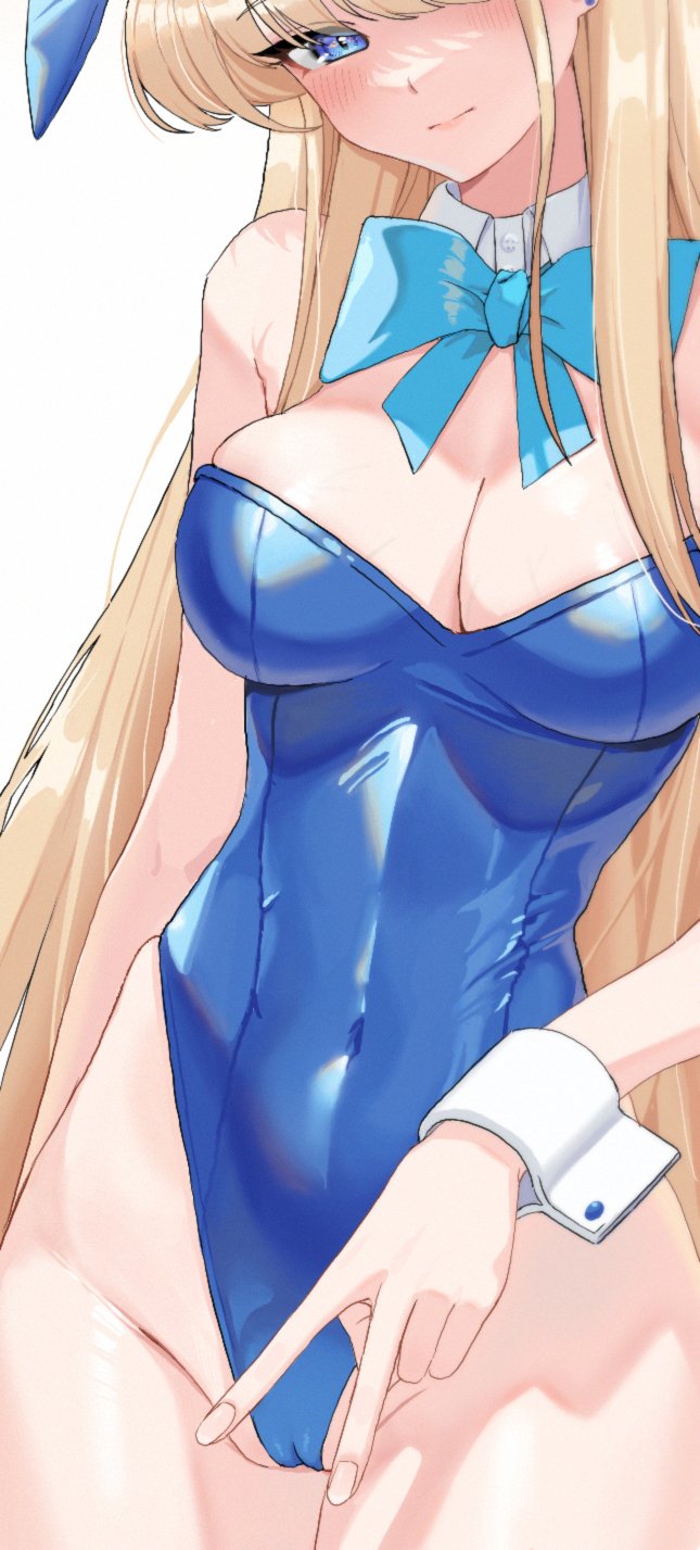 1girl acaa animal_ears aqua_bow aqua_bowtie blonde_hair blue_archive blue_eyes blue_leotard blush bow bowtie breasts cameltoe covered_navel detached_collar fake_animal_ears groin highleg highleg_leotard highres impossible_clothes impossible_leotard leotard long_hair looking_at_viewer medium_breasts official_alternate_costume playboy_bunny rabbit_ears simple_background strapless strapless_leotard toki_(blue_archive) toki_(bunny)_(blue_archive) v very_long_hair white_background white_wrist_cuffs wrist_cuffs