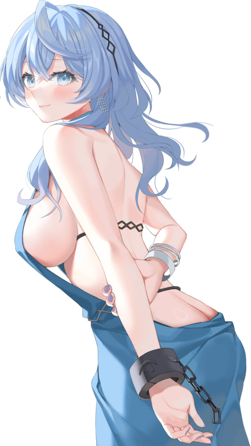 1girl ahoge ako_(blue_archive) ako_(dress)_(blue_archive) arm_behind_back bare_back blue_archive blue_dress blue_eyes blue_hair blue_halo bracelet breasts commentary_request dress evening_gown hair_between_eyes halo jewelry large_breasts looking_at_viewer medium_hair official_alternate_costume sideboob sideless_dress sideless_outfit simple_background single_handcuff sleeveless sleeveless_dress solo white_background yana_mori