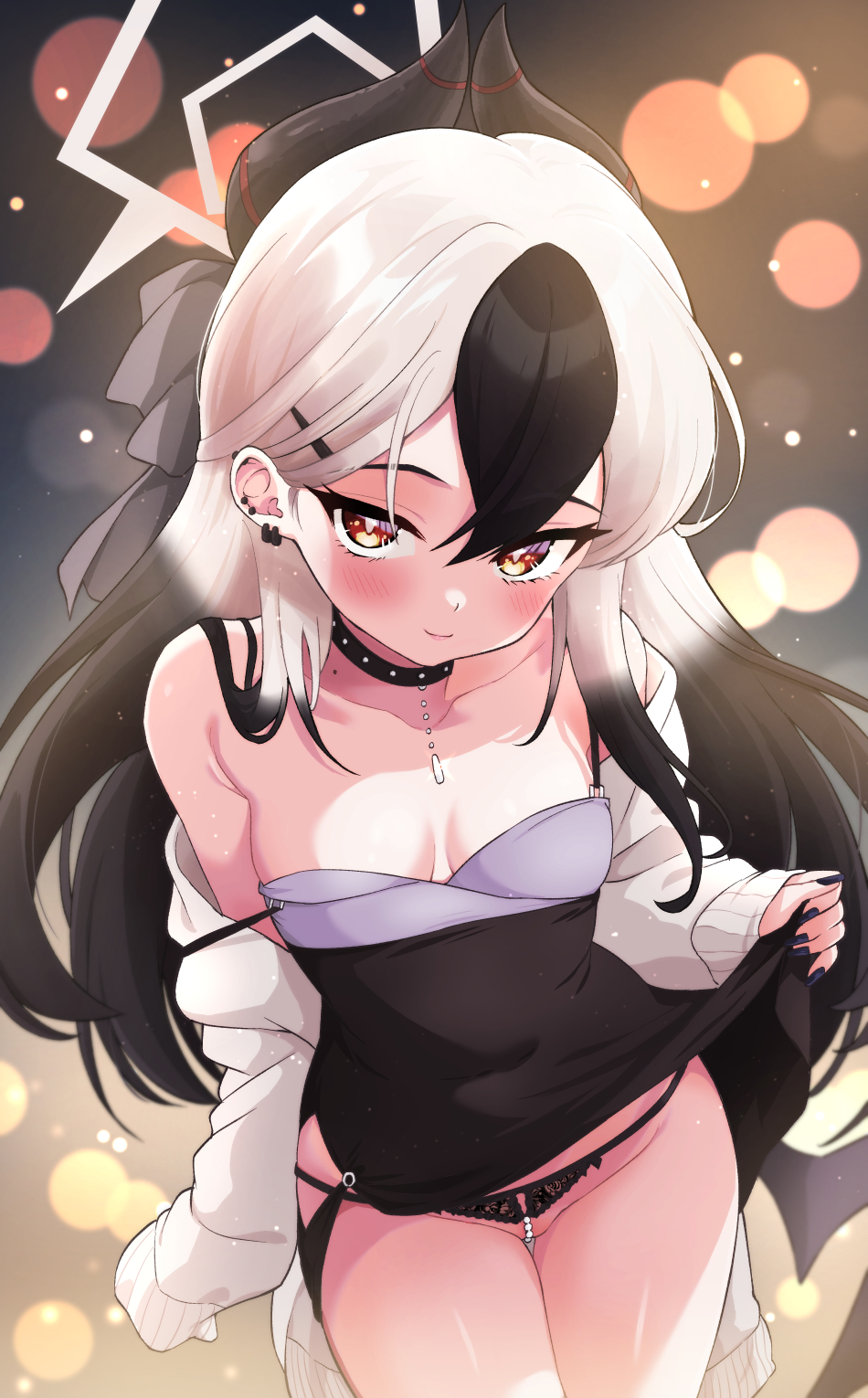 1girl bare_shoulders black_choker black_hair black_horns black_panties blue_archive blush breasts brown_eyes choker closed_mouth clothes_lift cowboy_shot crotchless crotchless_panties demon_horns demon_wings dress dress_lift ear_piercing earrings flashing grey_halo grey_jacket hair_between_eyes hair_ribbon halo highres horns jacket jewelry kayoko_(blue_archive) kayoko_(dress)_(blue_archive) lifted_by_self long_sleeves looking_at_viewer mole mole_on_collarbone multicolored_hair off_shoulder official_alternate_costume open_clothes panties pearl_thong piercing red_eyes ribbon single_wing small_breasts smile solo souen_hiro standing strap_slip string_panties studded_choker two-tone_hair underwear white_hair wings