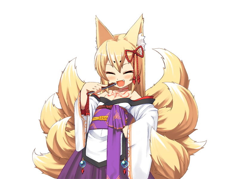 1girl :d animal_ear_fluff animal_ears bare_shoulders blonde_hair blush bmp-to-png_conversion chest_tattoo closed_eyes cowboy_shot eyeshadow fang folding_fan fox_ears fox_girl fox_tail game_cg hair_between_eyes hakama hakama_skirt hand_fan hand_on_own_hip holding holding_fan japanese_clothes jingai_modoki kimono kitsune lolibaba long_hair looking_at_viewer makeup mon-musu_quest! monster_girl multiple_tails neck_tattoo non-web_source obi open_mouth purple_hakama purple_sash red_eyeshadow sash simple_background skirt smile solo tail tamamo_(mon-musu_quest!) tattoo transparent_background white_kimono wide_sleeves