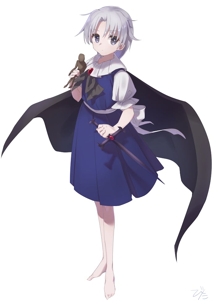 1girl bare_legs barefoot bitan_san black_cape black_ribbon black_skirt black_vest cape collared_shirt cross doll full_body grey_eyes grey_hair holding holding_cross holding_doll muse_(seihou) neck_ribbon puffy_short_sleeves puffy_sleeves ribbon seihou shirt short_hair short_sleeves simple_background skirt solo standing vest voodoo_doll white_background white_shirt