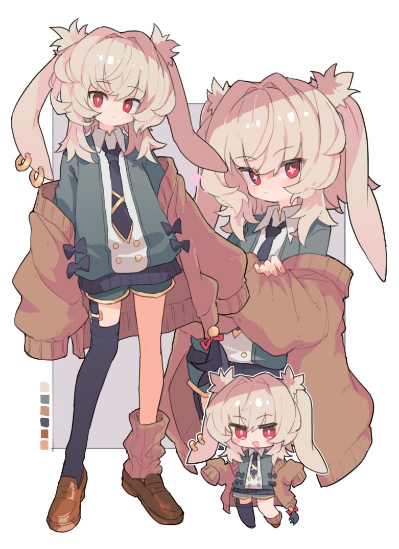 1girl :d animal_ear_piercing animal_ears asymmetrical_legwear black_bow black_necktie black_thighhighs blonde_hair bow bright_pupils brown_cardigan brown_footwear cardigan cardigan_partially_removed chibi chibi_inset color_guide commission cross-shaped_pupils expressionless floppy_ears full_body garter_straps green_jacket green_shorts grey_background hair_intakes jacket kasa_(hitori_sanka) loafers looking_at_viewer medium_hair mismatched_legwear multiple_views necktie open_mouth original rabbit_ears red_eyes shoes shorts simple_background single_leg_warmer single_thighhigh skeb_commission smile standing symbol-shaped_pupils thighhighs two-tone_background white_background white_pupils